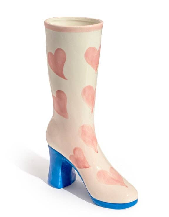 Pink Hearts Heeled Boot Shaped Ceramic Vase