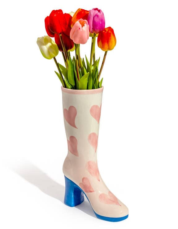 Pink Hearts Heeled Boot Shaped Ceramic Vase