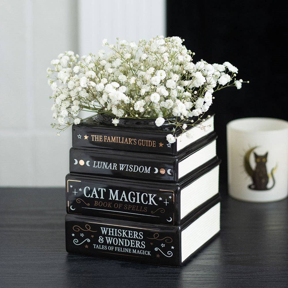 Black Cat Magick Book Stack Shaped Vase